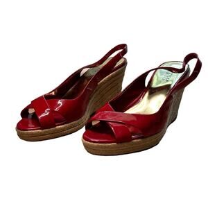 Franco Sarto Red Patent Slingback Espadrille Wedge Heel Peep Toe Size 10